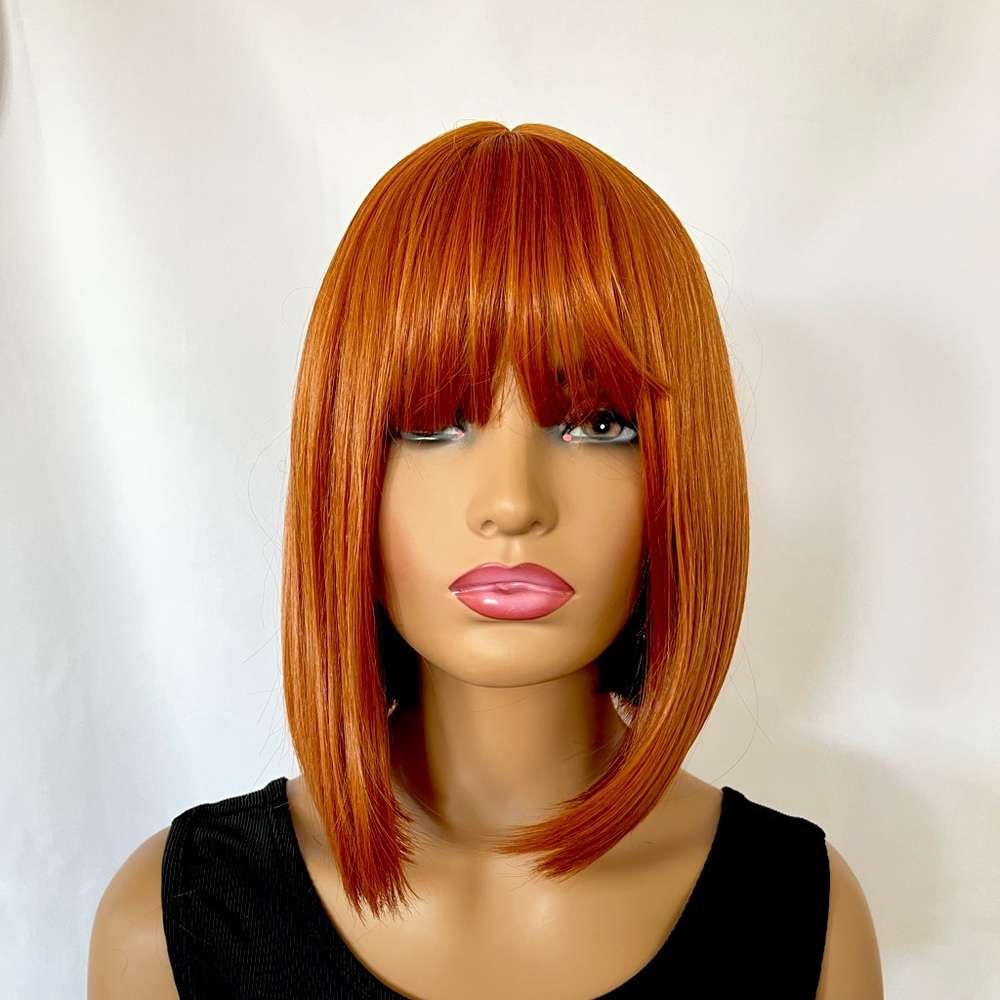 “Put On & Go” Copper Ginger Color Synthetic Wig with Bangs